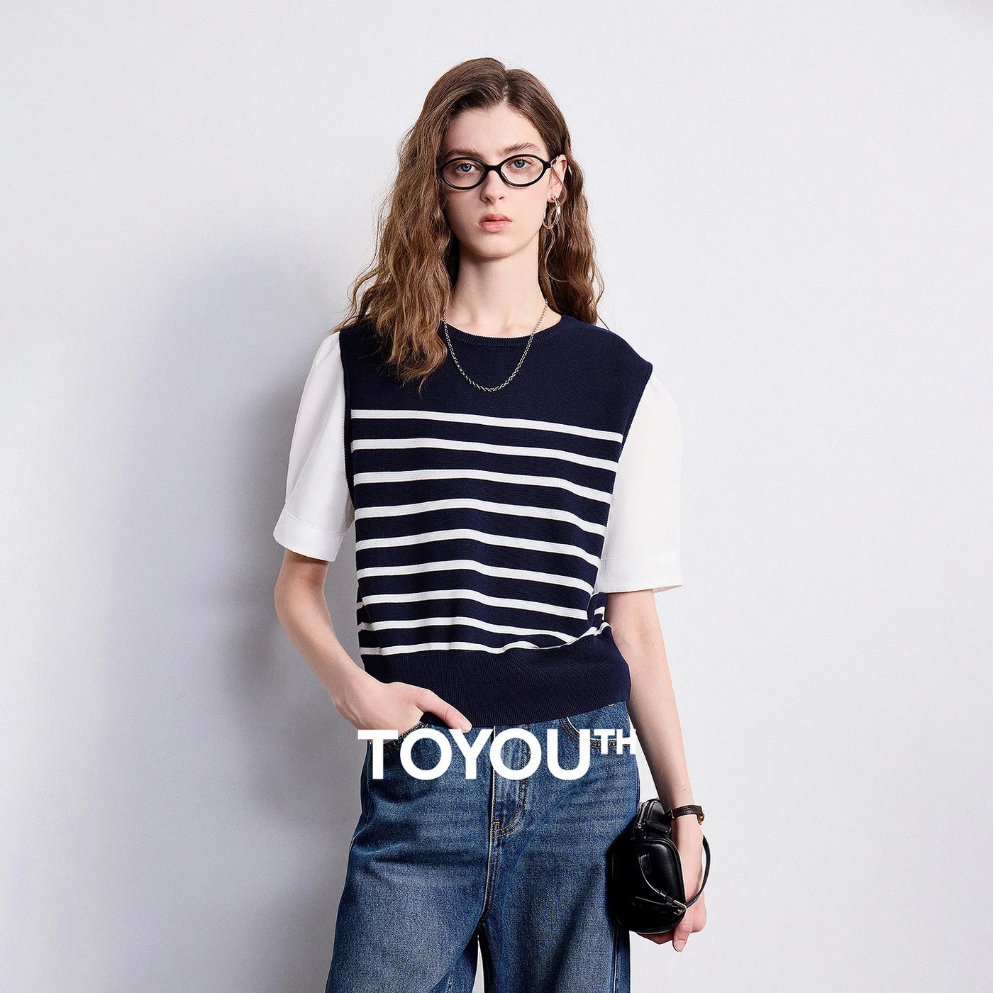 Blusa Feminina de Tricô Listrada Efeito Duas Peças Slim