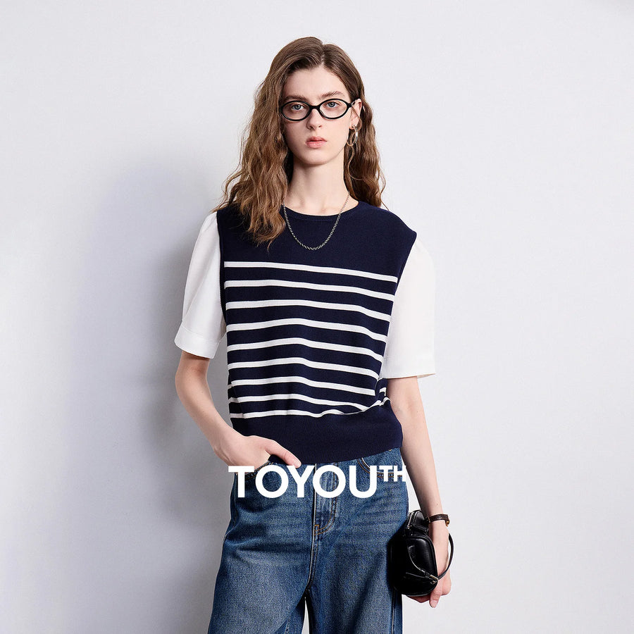 Blusa Feminina de Tricô Listrada Efeito Duas Peças Slim
