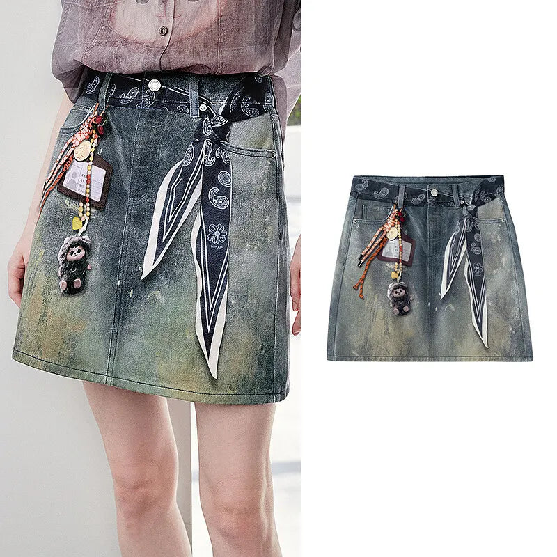 Saia Jeans Midi Feminina Estampada Evasê