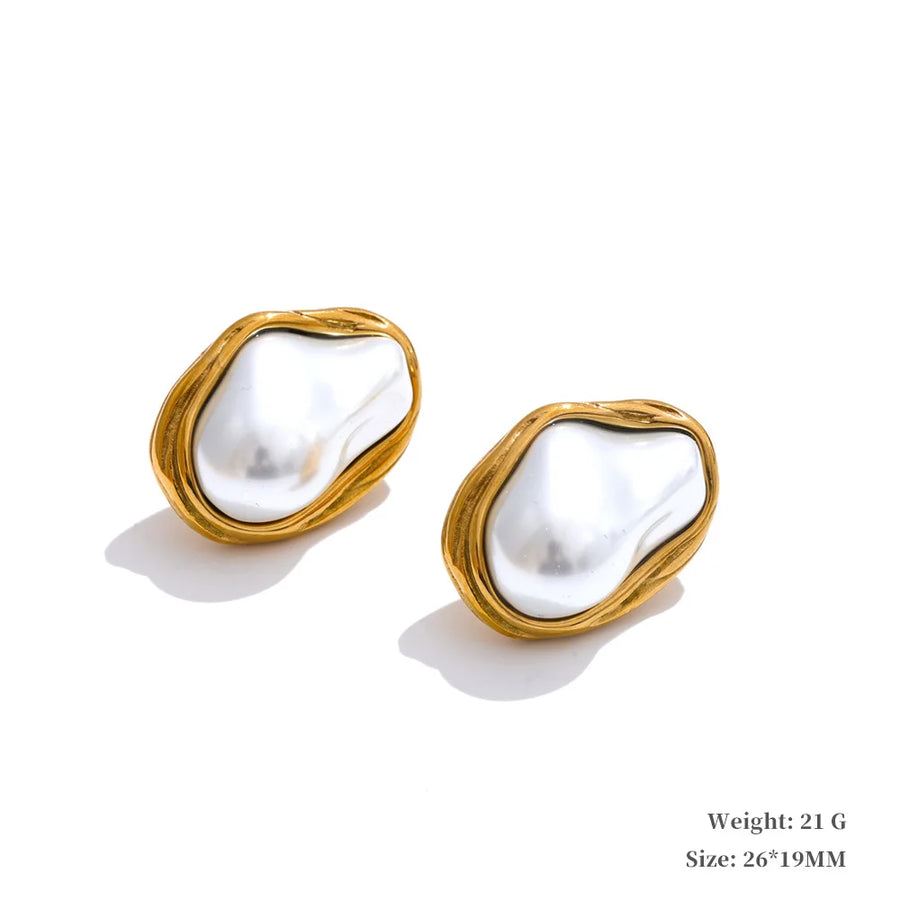Yhpup Popular Baroque Simulated Pearls Golden Cuban Chain Necklace Earrings Vintage Stainless Steel Elegance Jewelry Gift YH4815A Earrings