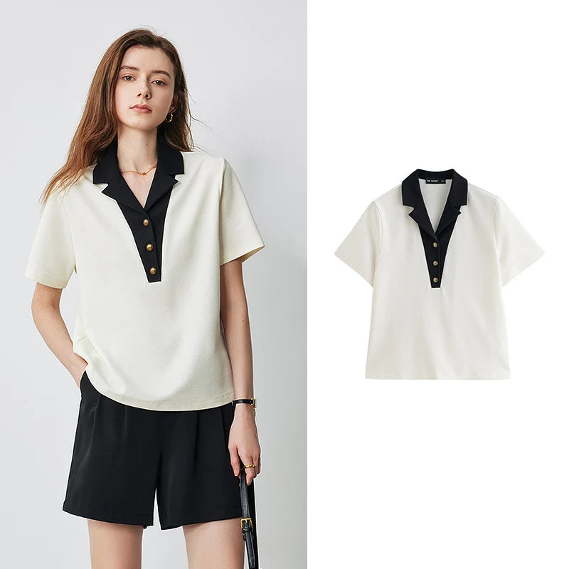 Camiseta Polo Feminina Color Block Manga Curta