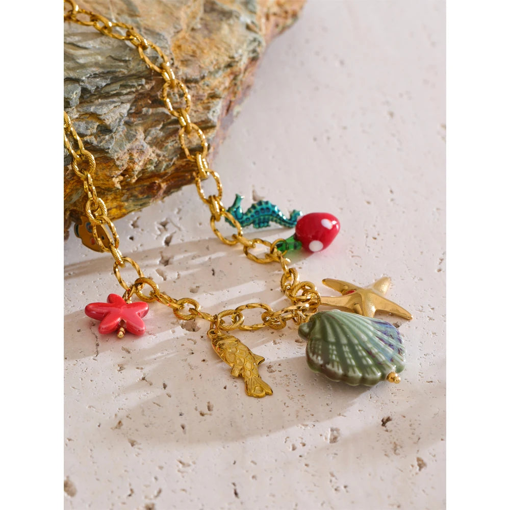 Colar Estrela-do-Mar com Concha Natural em Aço Inoxidável