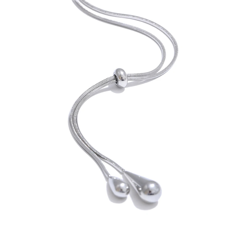 Yhpup Exquisite Stainless Steel Handmade Polished Chain Chest Necklace Water Drop Dangle Fashion Earrings Women Charm Jewelry YH5047A P-Necklace