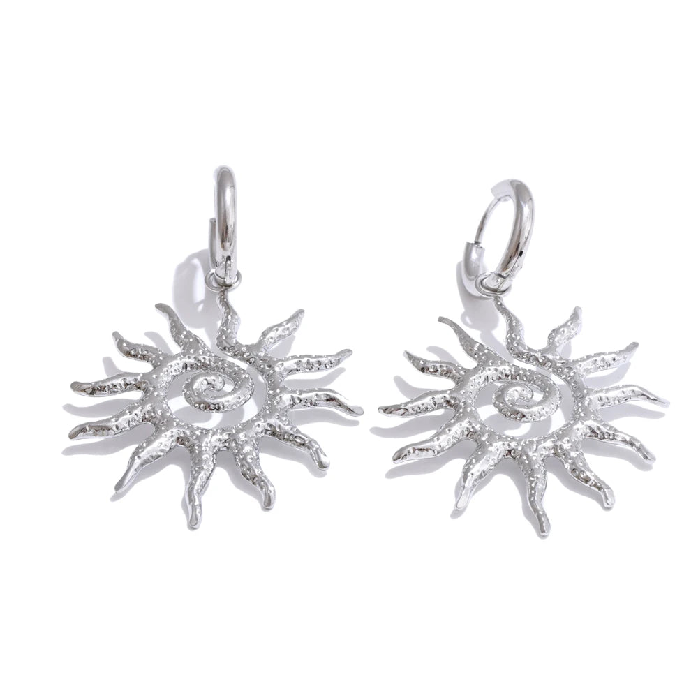 Yhpup New Popular Stainless Steel Sun Drop Necklace Hoop Earrings for Women Tarnish Resistant Charm Jewelry Set Accessories Gift Earrings Platinum