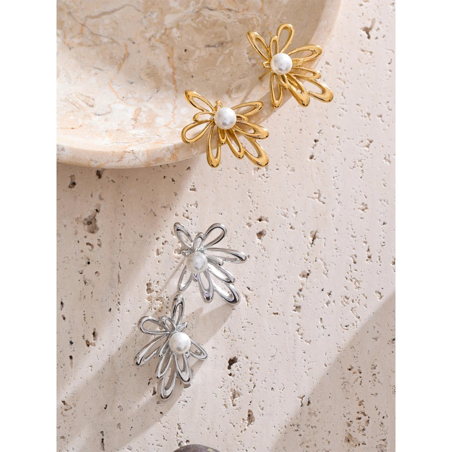 Yhpup Arrivals Hollow Flower Stud Earrings 2025 Stainless Steel Imitation Pearls Trending Elegance Daily Jewelry Rust Proof