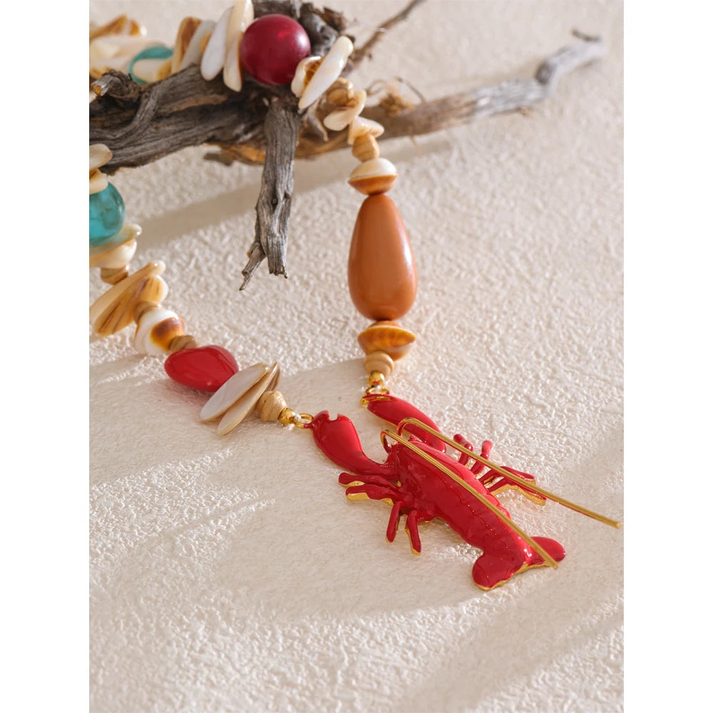 Yhpup Attractive Unique Ocean Shell Stone Handmade Lobster Crayfish Pendant Necklace Summer Charm Collar Statement PVD Jewelry