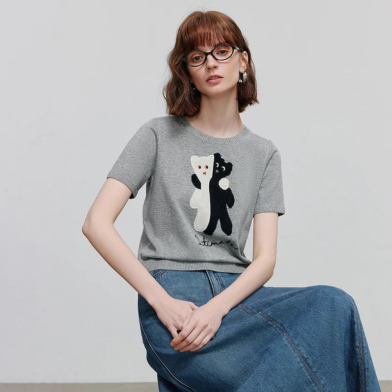 Blusa de Tricô Manga Curta com Bordado Divertido