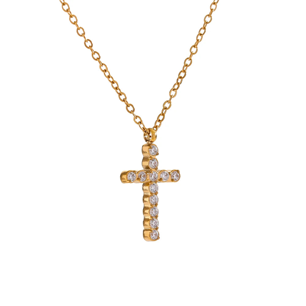 Yhpup Delicate Shiny Cubic Zirconia 316L Cross Pendant Necklace for Women Stainless Steel High Quality Jewelry Water Resistant YH3650A Gold