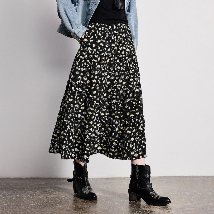 Saia Midi Feminina Floral em Camadas