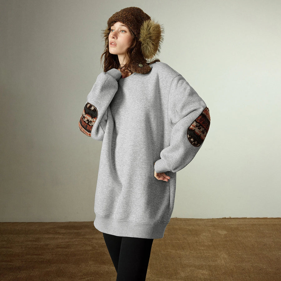 TOYOUTH Women Hoodies 2025 Winter New Crew Neck Loose Fleece-lined Warm Fair Isle Applique Splicing Tops