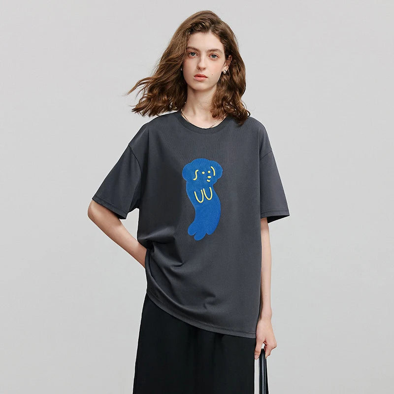 Camiseta Feminina de Algodão com Bordado Cartoon