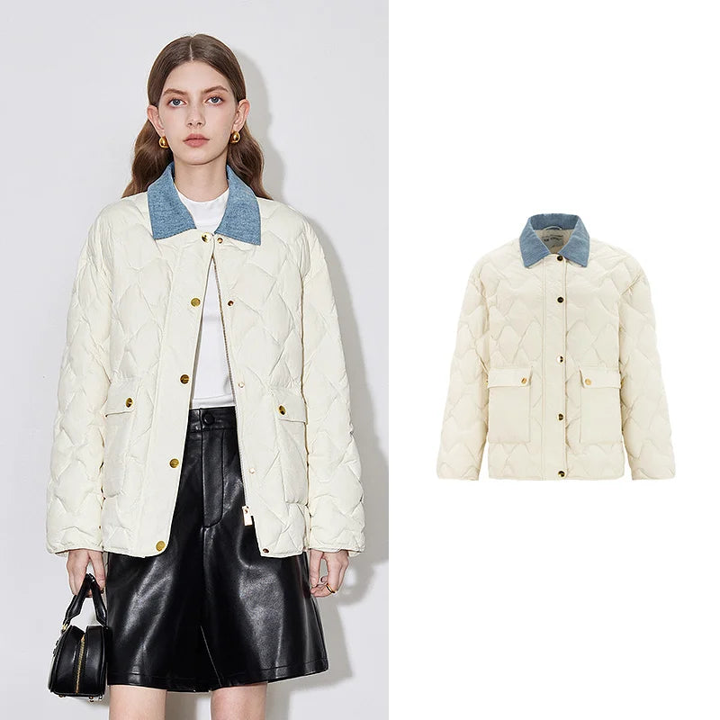 Jaqueta Feminina com Recortes Jeans e Gola Lapela White
