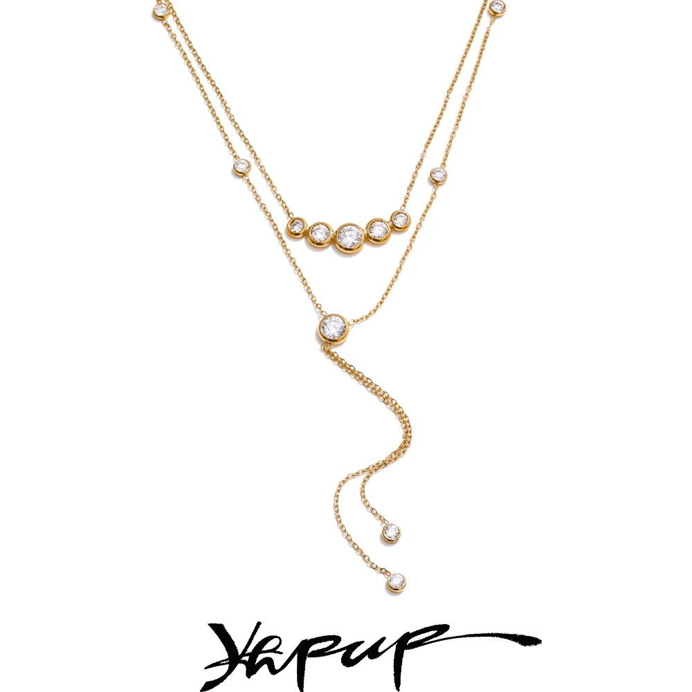 Yhpup Delicate Cubic Zirconia Double-Layer Chain Drop Tassel Luxury Necklace for Women Stainless Steel Exquisite Jewelry Gift