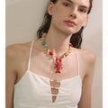 Yhpup Attractive Unique Ocean Shell Stone Handmade Lobster Crayfish Pendant Necklace Summer Charm Collar Statement PVD Jewelry