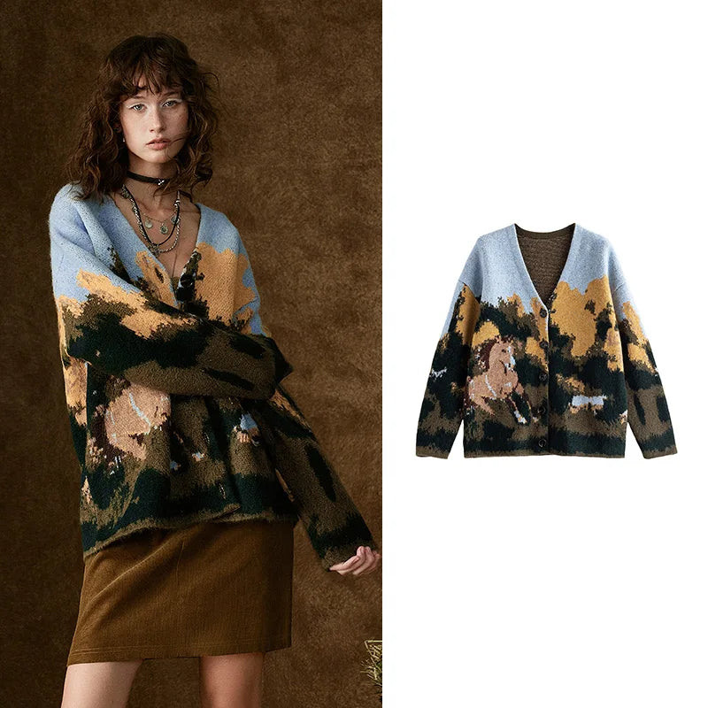 Cardigan Feminino de Tricô Estampado com Decote V Multi