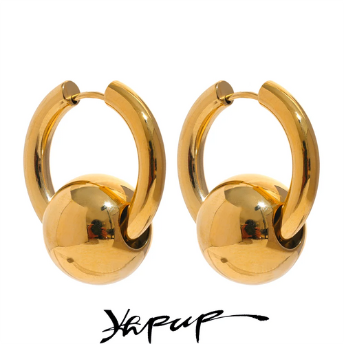 Yhpup 316l Stainless Steel Metal Round Ball Hoop Earrings Waterproof 18K Gold PVD Plated Texture Fashion Charm Jewelry Women New