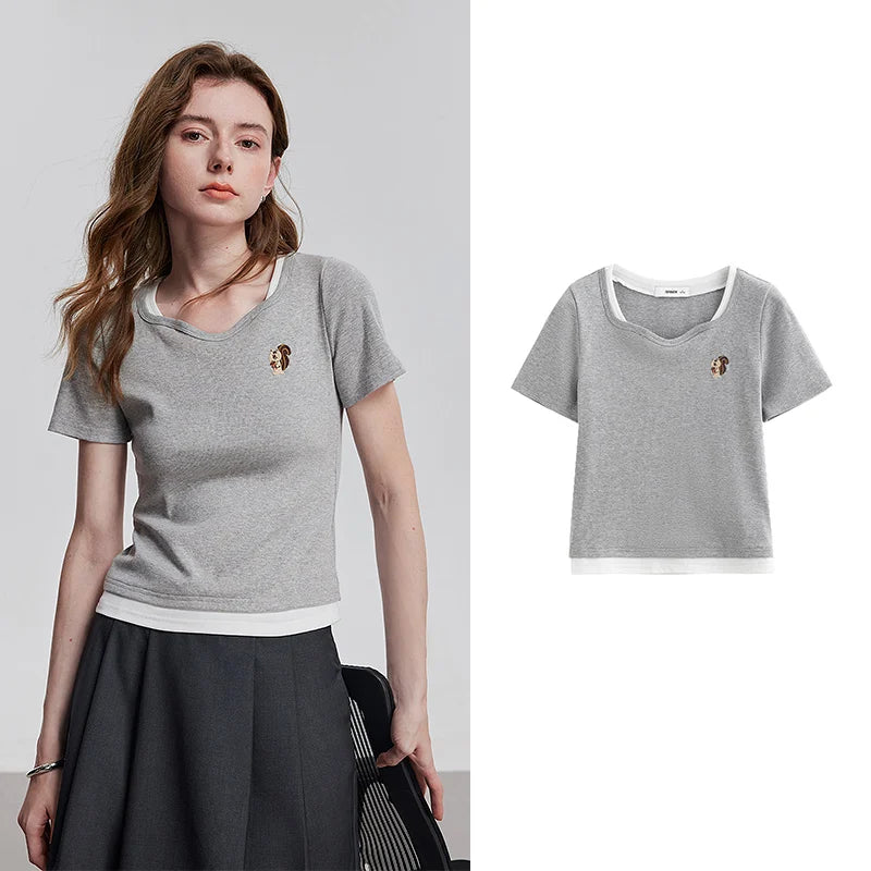 Camiseta Feminina Efeito Duas Peças Manga Curta