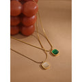 Yhpup Square Green Opal Stone Pendant Drop Dangle Necklace for Women Charm Jewelry Minimalist Geometric Stainless Steel Necklace