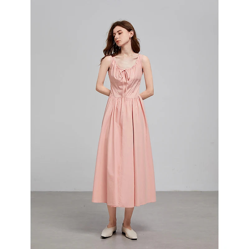 Vestido de Alças Midi Rosa com Bolsos