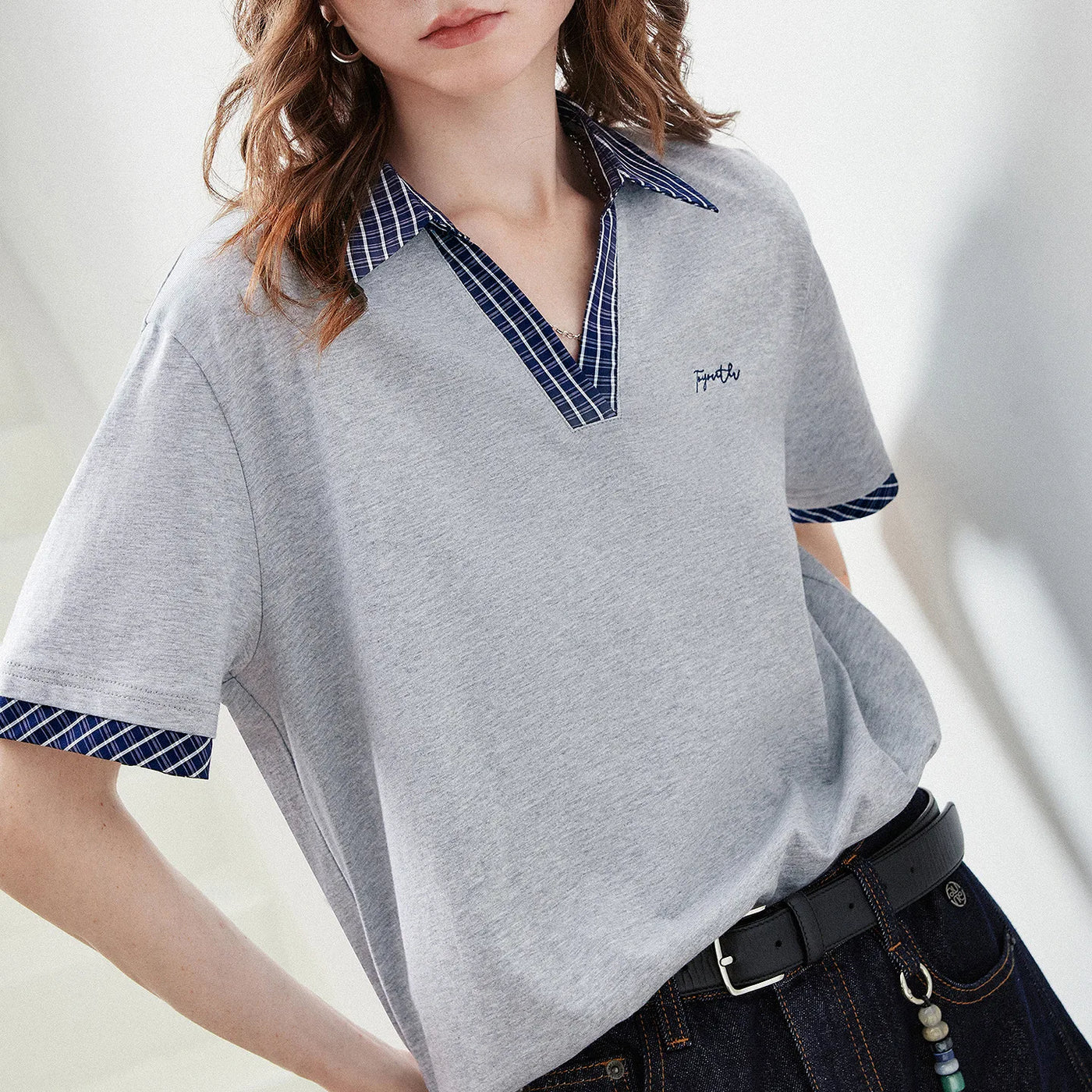 Camiseta Polo Feminina de Algodão Antibacteriano Xadrez