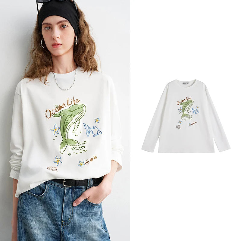 Blusa Feminina de Algodão Manga Longa com Estampa Golfinho