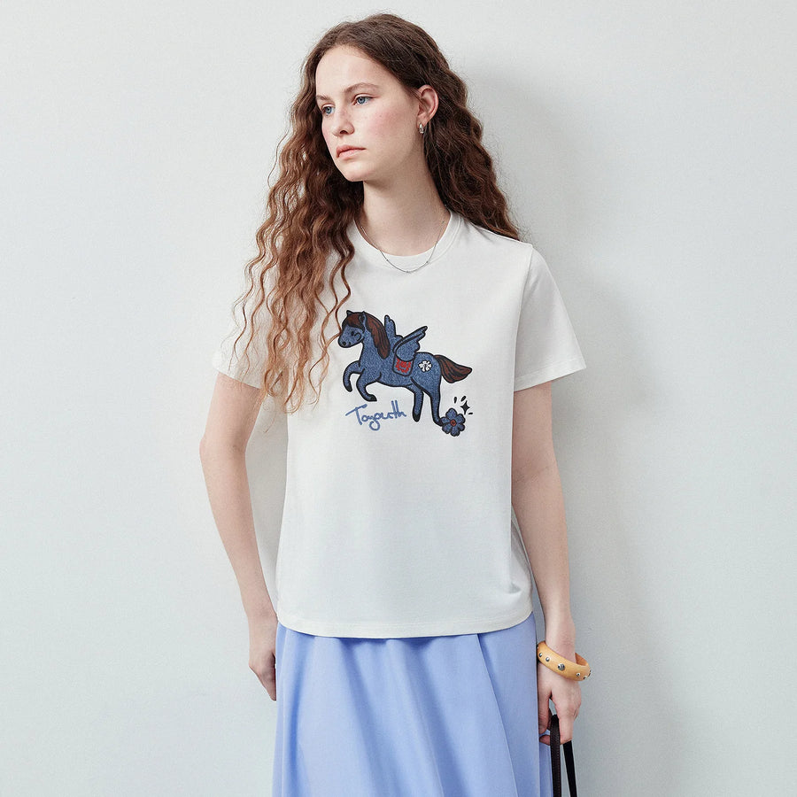 Camiseta Feminina de Liocel e Algodão com Bordado Jeans