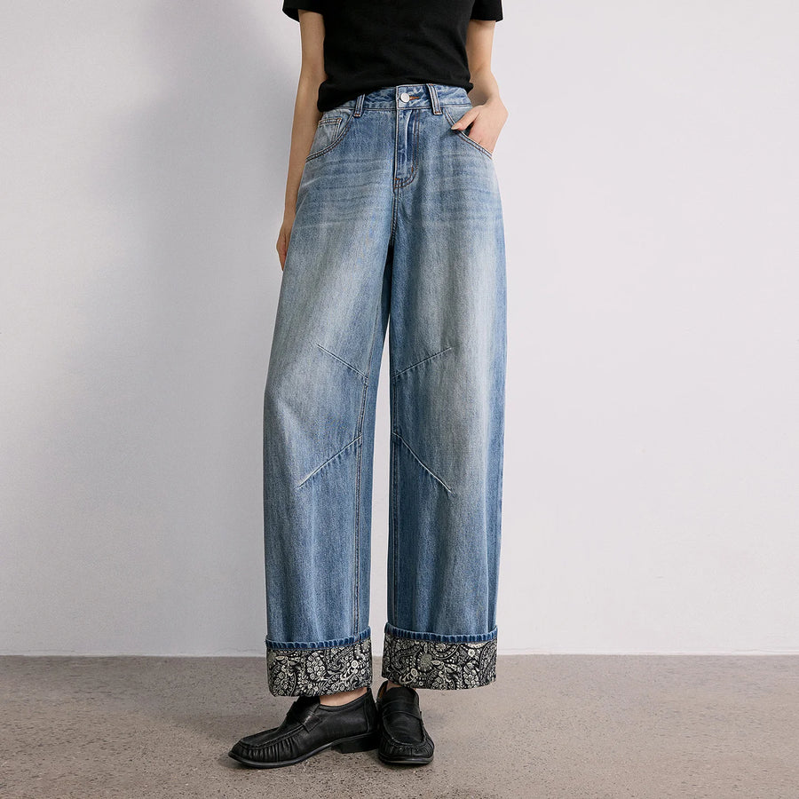 Calça Jeans Feminina Wide Leg Estampada Cintura Alta