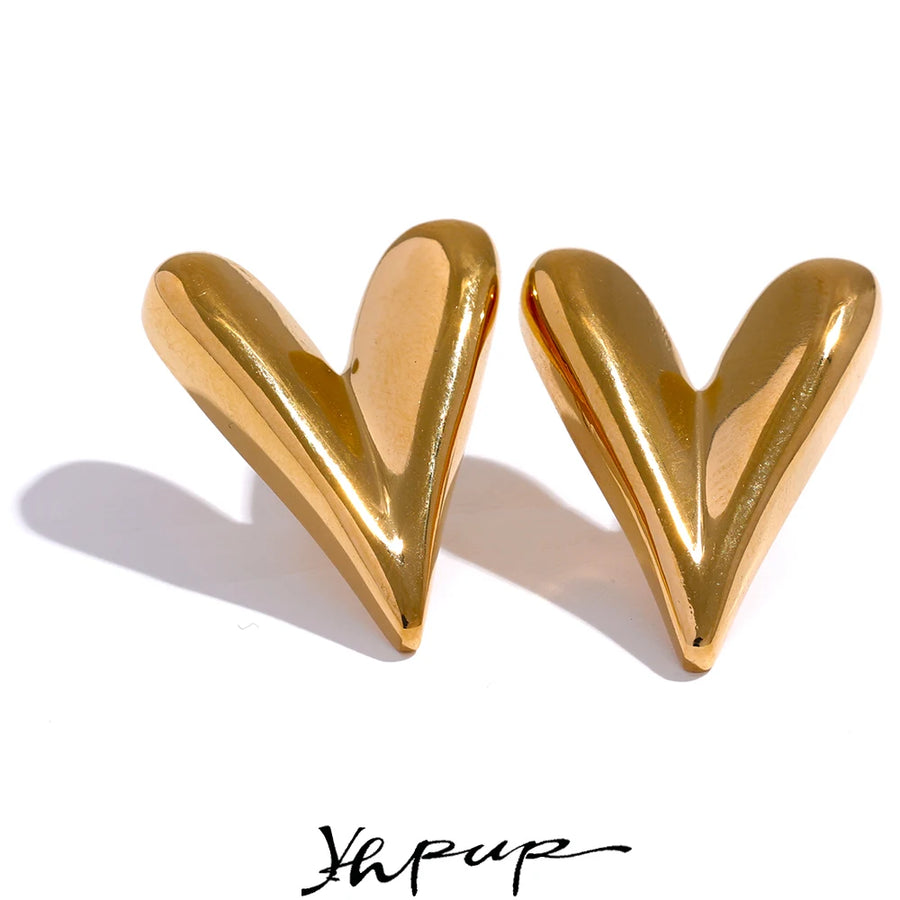Yhpup 316L Stainless Steel Heart Stud Earrings for Women 18K Gold Color Plated Waterproof Charm Trend Basic Daily Jewelry Gift