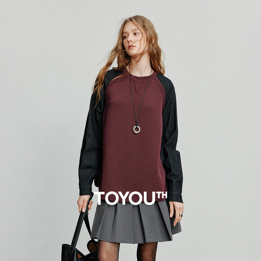 TOYOUTH Women Hoodies Sweatshirt 2025 Autumn New Patchwork Denim Fake Two Piece Cotton Round Neck Casual Pullover Tops