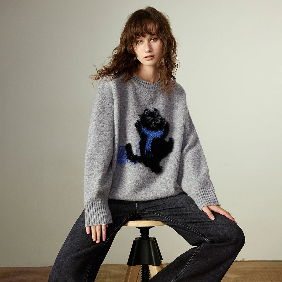 Suéter Cinza de Lã com Jacquard de Gato