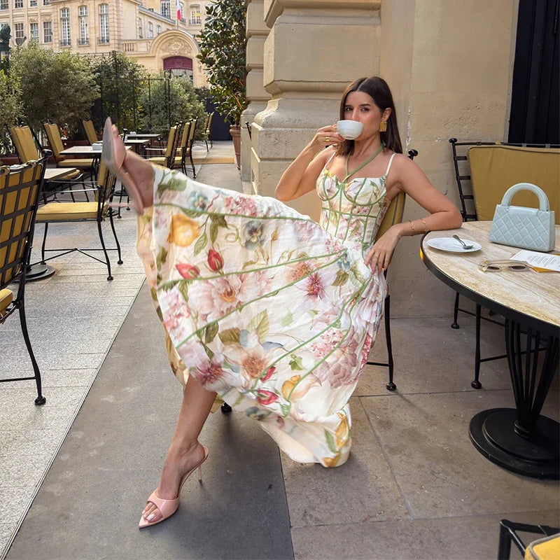 Fashion Print Women Dress Floral Halter Tube Tops Sleeveless Lace Up Waist-Closed Female Dresses 2026 Spring Summer Lady Robe green