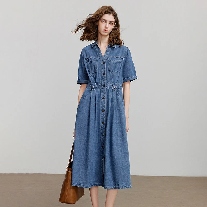 Vestido Chemise Midi Jeans com Bolsos