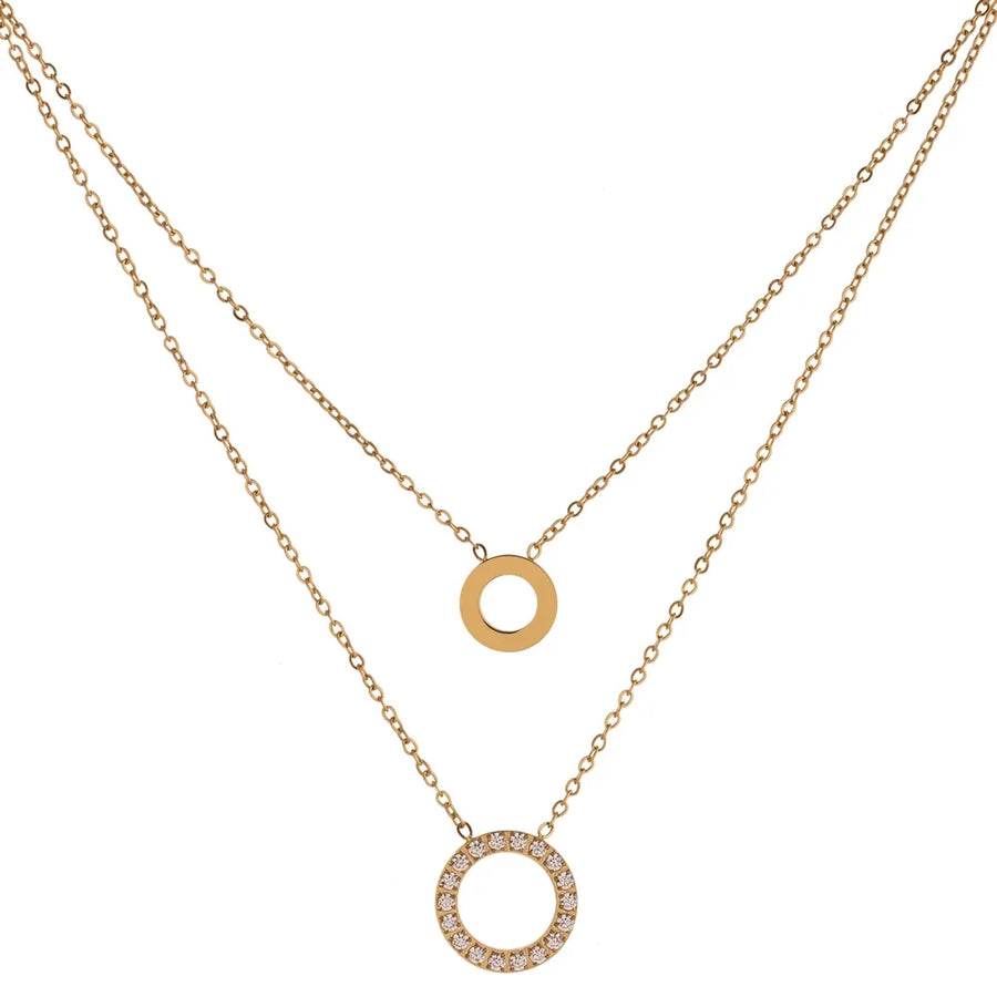 Colar Feminino de Camadas Redondo com Zircônia em Aço Inoxidável Ouro