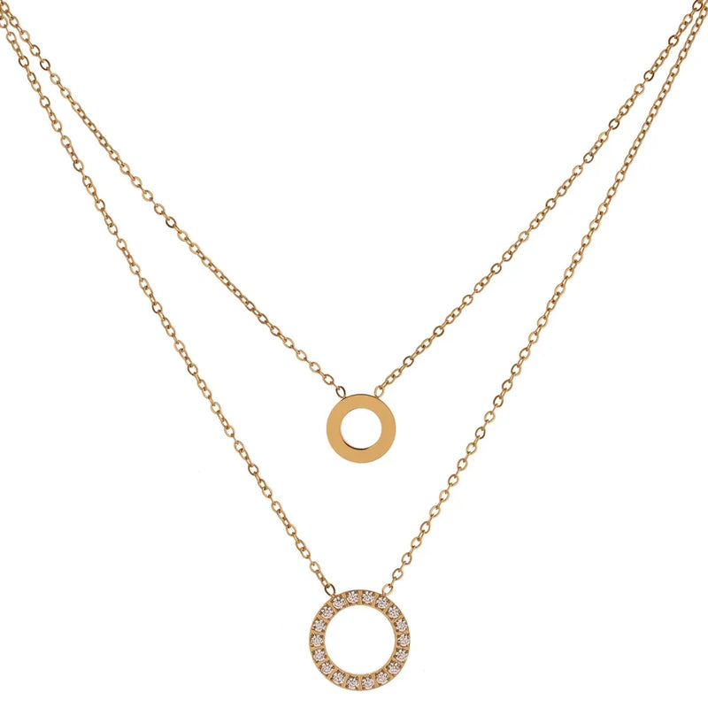 Colar Feminino de Camadas Redondo com Zircônia em Aço Inoxidável