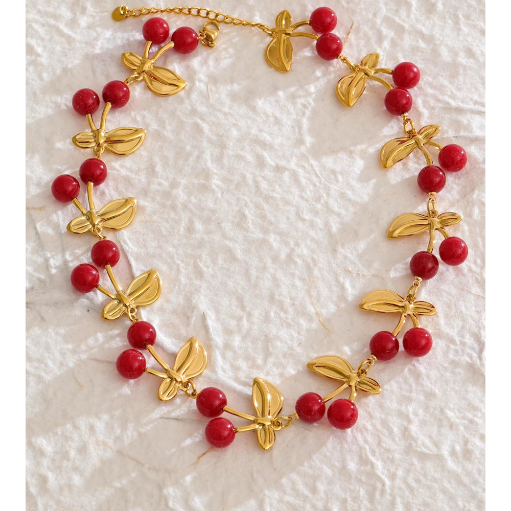 Yhpup Fashion Acrylic Resin Cherry Flower Heart Sun Pendant Charms Necklace Stainless Steel Golden Handmade Jewelry Gift