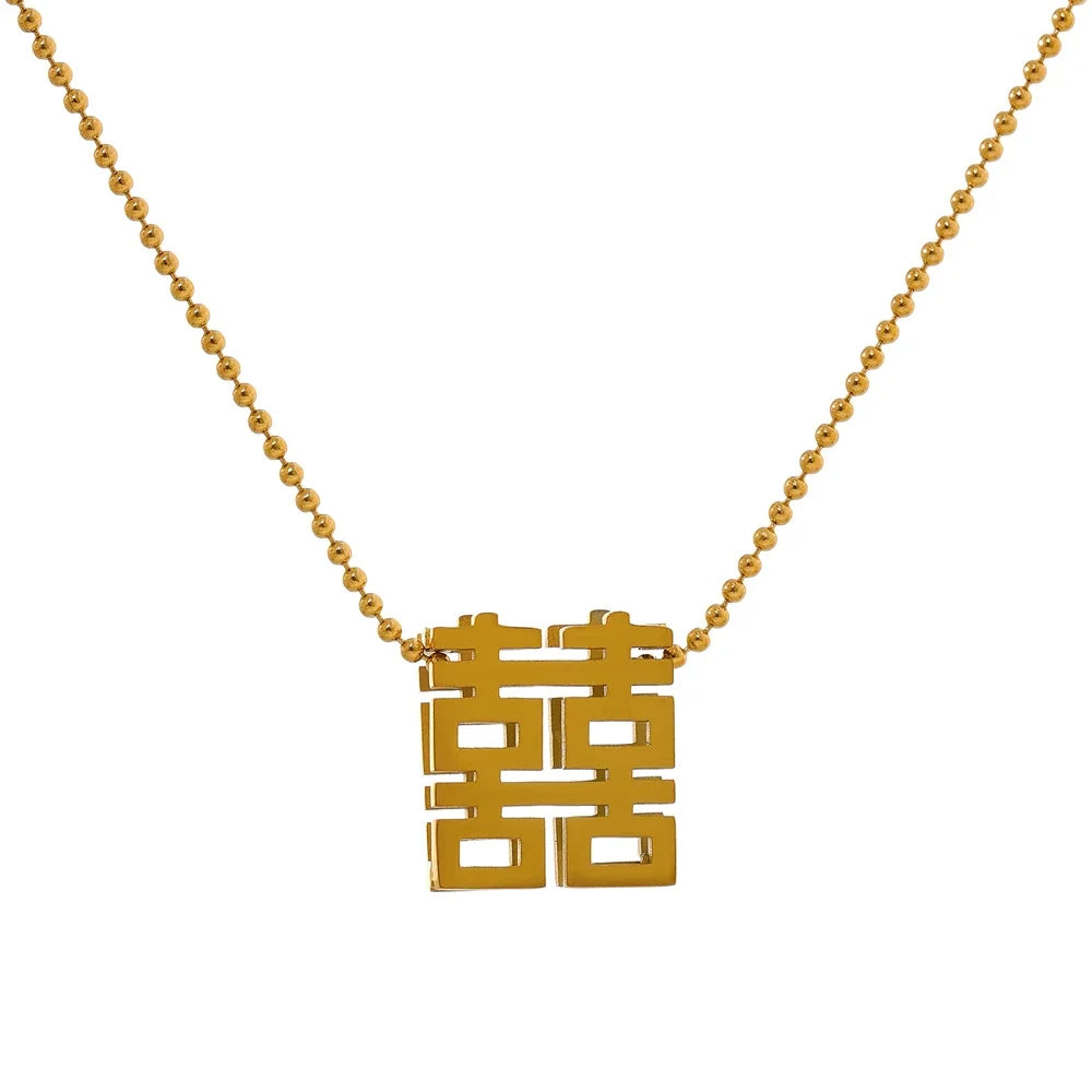 Yhpup Lucky Chinese Character Pendant Necklace Stainless Steel Accessories Statement Collar Trendy Jewelry Waterproof Gift New YH1382A Gold