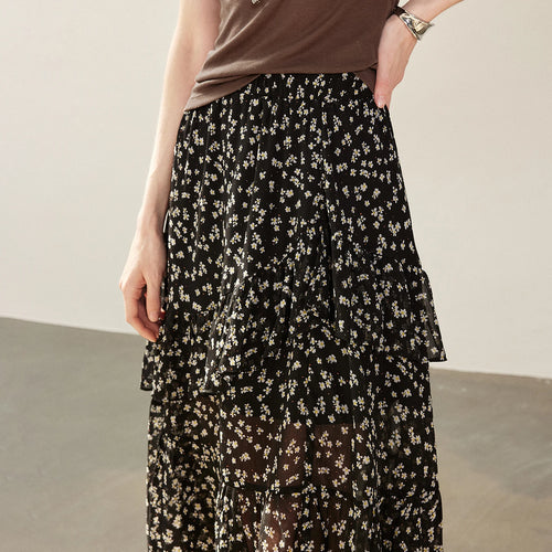 Saia Midi Feminina Floral com Babados