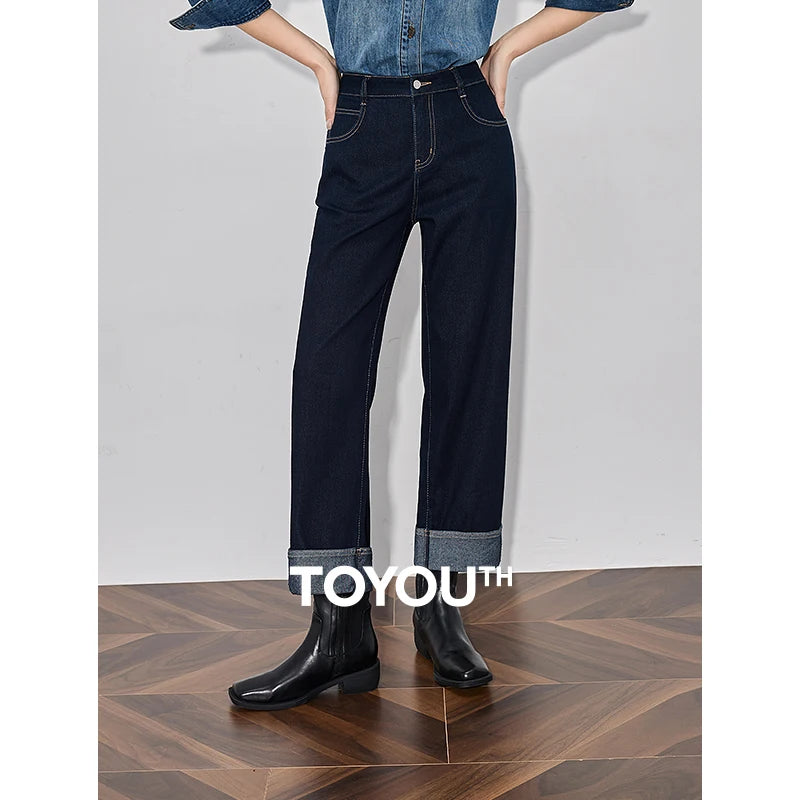 Calça Jeans Feminina Reta Cropped com Barra Dobrada