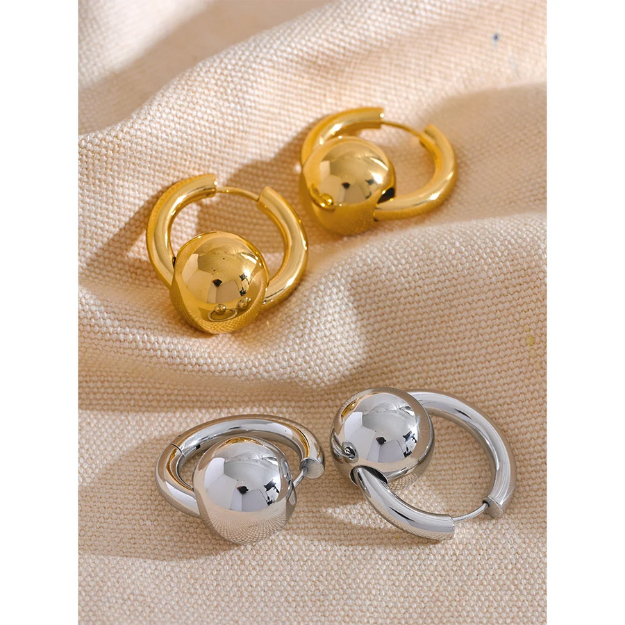 Yhpup 316l Stainless Steel Metal Round Ball Hoop Earrings Waterproof 18K Gold PVD Plated Texture Fashion Charm Jewelry Women New