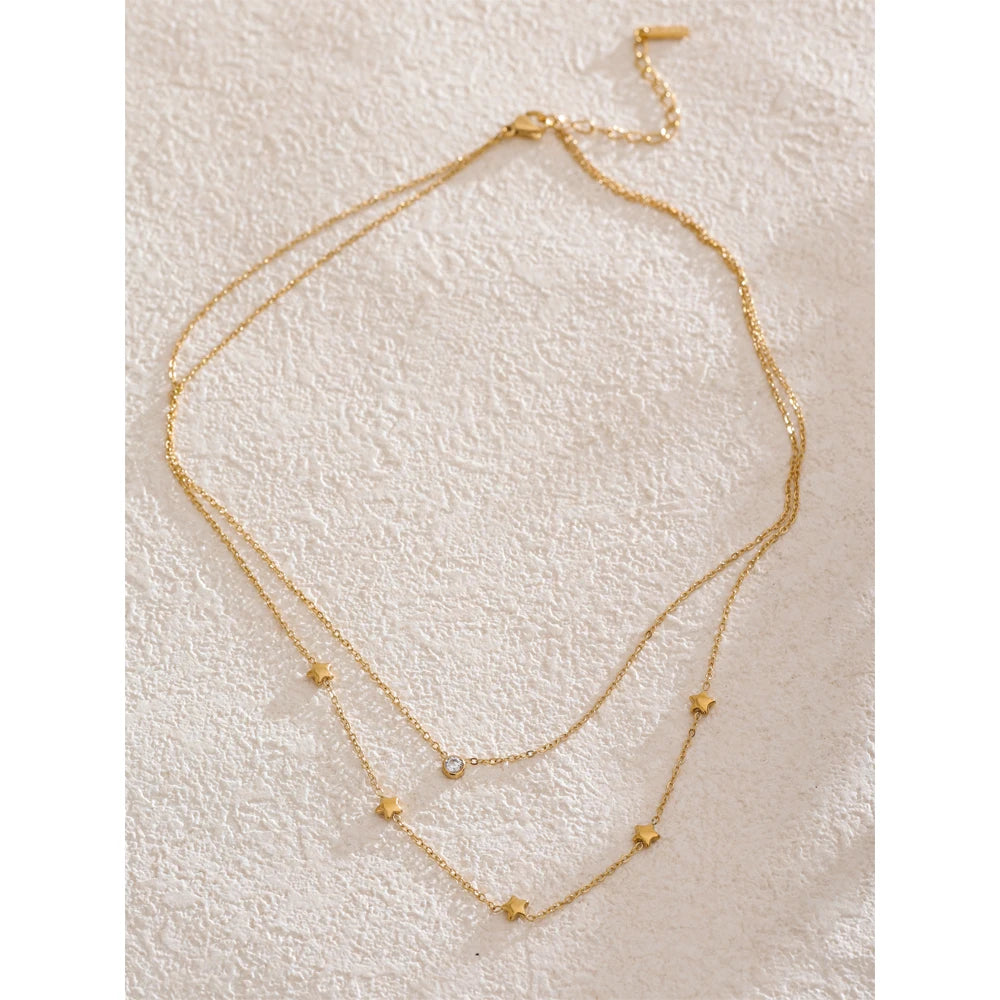 Colar Feminino de Camadas Estrela com Zircônia em Aço Inoxidável