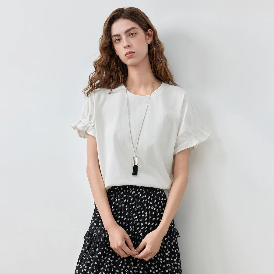 Camiseta Feminina de Algodão com Mangas Babado