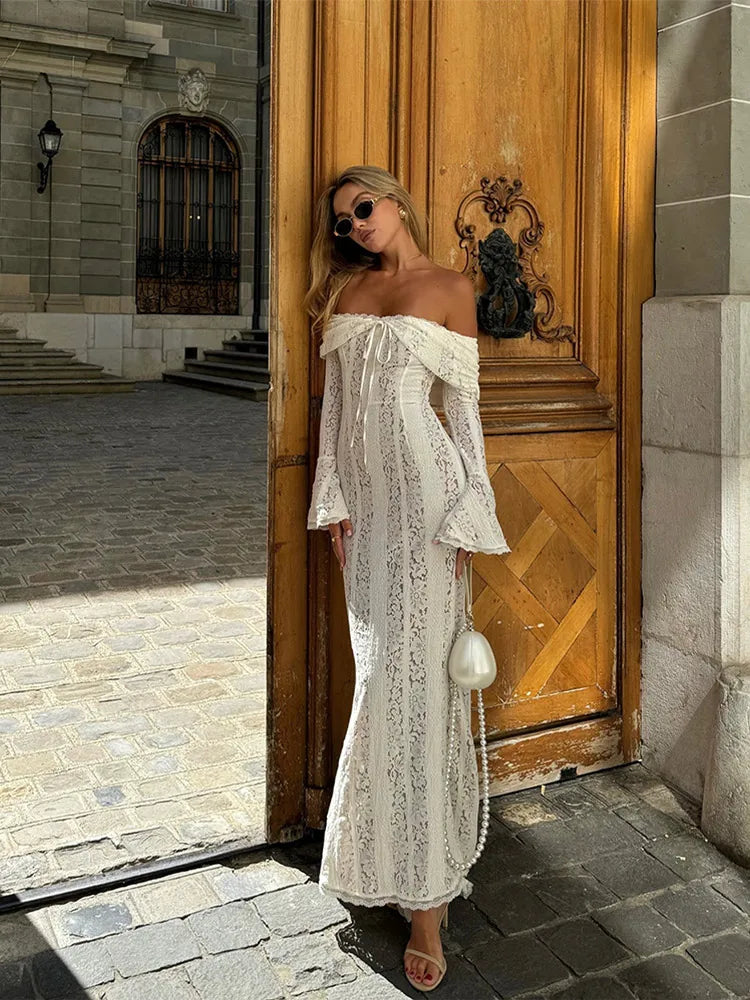 Women's Elegant Lace Up Flared Sleeve Long Dress Fashion Hollow Out Off Shoulder Bodycon Vestidos 2024 Lady New Beach Partywear White 1