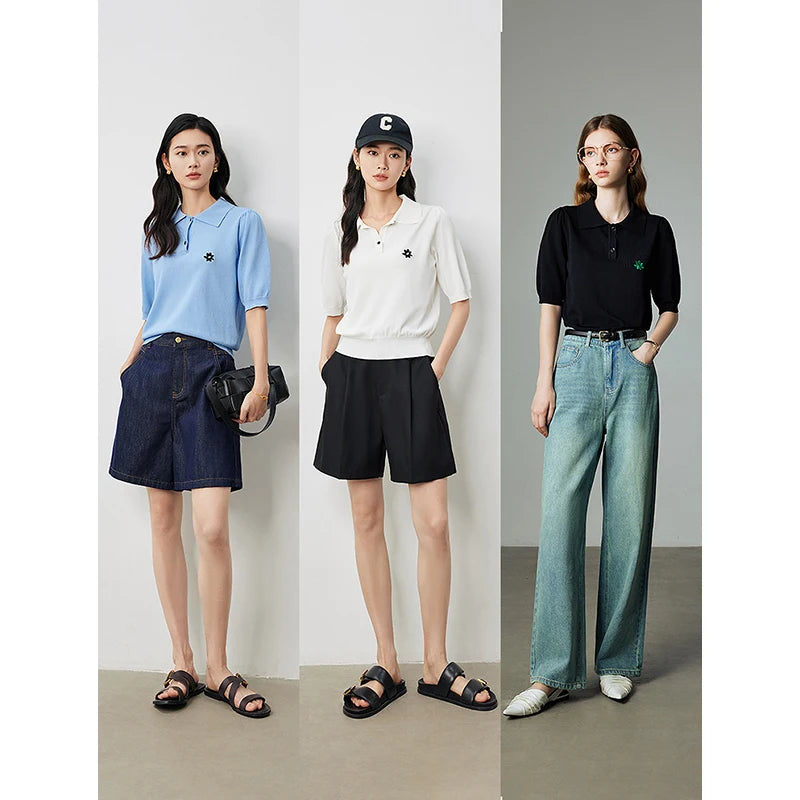 Blusa Feminina de Tricô com Gola Polo e Manga Curta