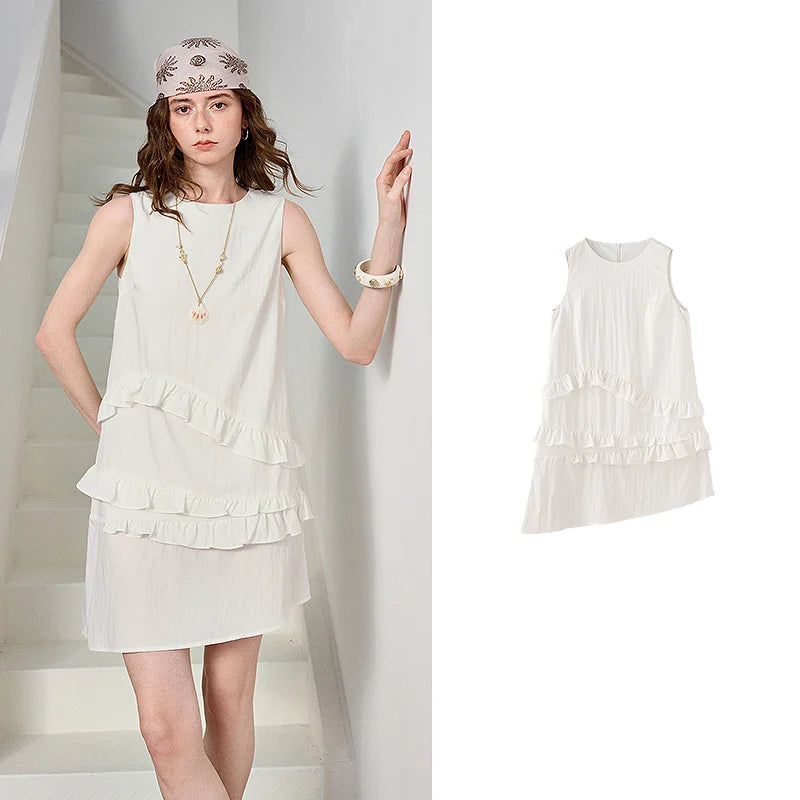 Vestido Camiseta com Estampa de Gato e Saia em Camadas Beige