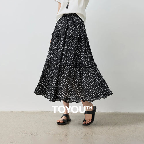 Saia Midi Feminina Floral em Camadas Patchwork
