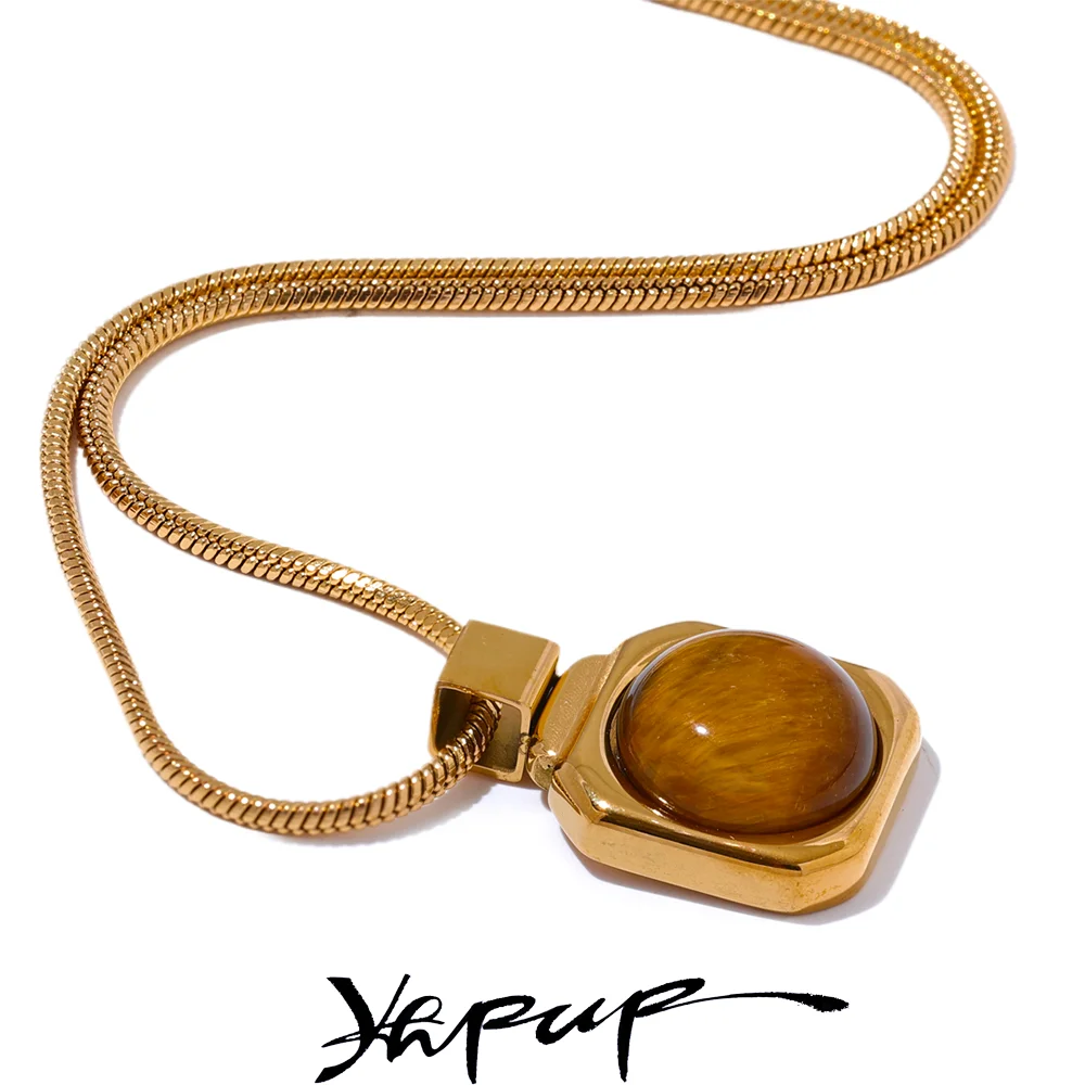 Yhpup High Quality Natural Tiger Stone Square Pendant Necklace Rust Proof Gold Color Fashion Collar Versatile Jewelry Gift