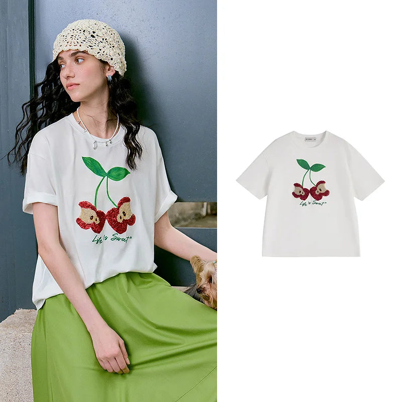 Camiseta Feminina de Liocel Color Block com Bordado Maçã