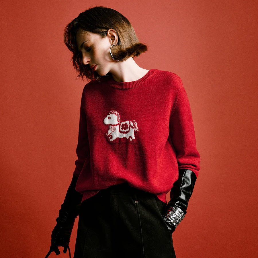 Suéter Feminino Jacquard de Cavalo com Gola Redonda