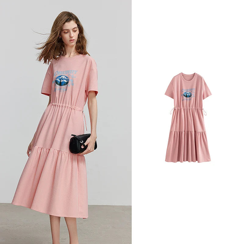 Vestido Camiseta Midi Estampado de Algodão Pink