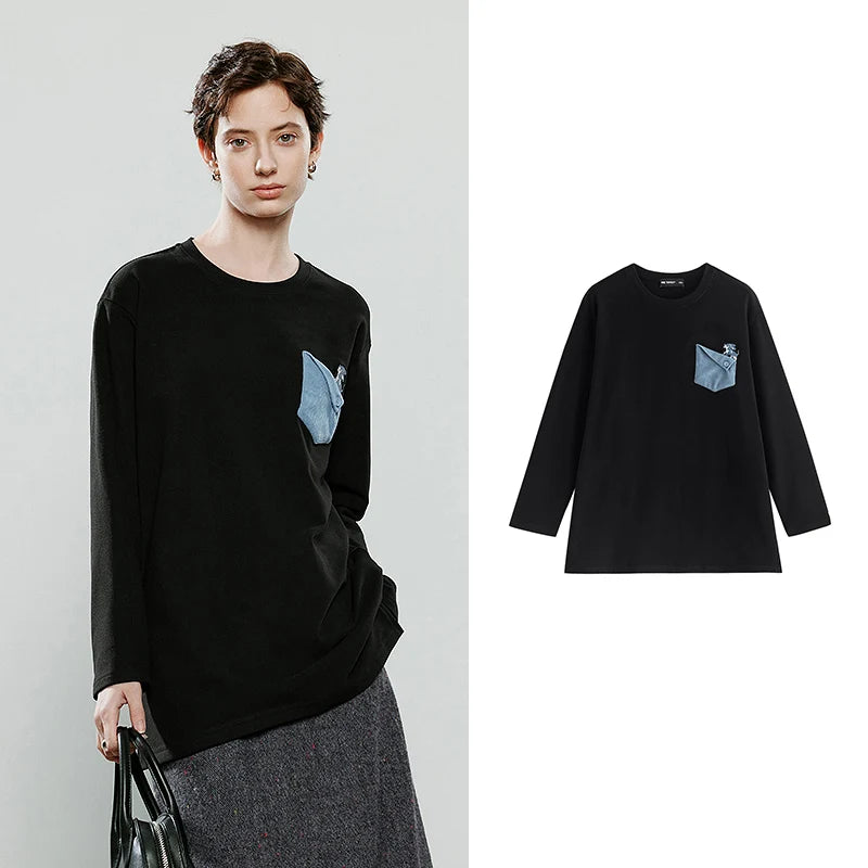 Blusa Feminina Assimétrica com Bordado Cachorro e Bolso